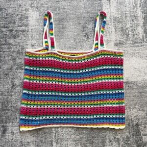 GAP Tank Top Womens Large Rainbow Crochet Knit Square Neck Festival Pride Hippie